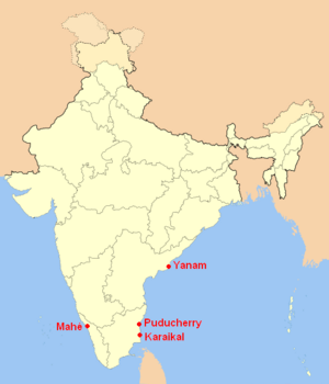 Location of Puducherry in India along with the other districts of the Union Territory of Puducherry