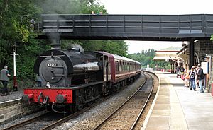 Matlock station with Peak Rail train hauled by Hunslet Austerity 0-6-0ST 68013, July 2012