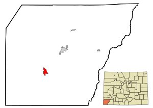 Location of the Towaoc CDP in Montezuma County, Colorado.Colorado