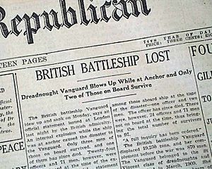 Newspaper notice on HMS Vanguard explosion, July 14, 1917