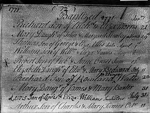 Newtown Parish Register for births with an entry for Robert Owen, born June 12th 1771 (1294584)