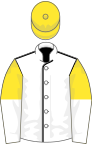 White, black seams, yellow and white halved sleeves, yellow cap