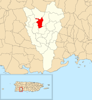 Location of Vegas within the municipality of Yauco shown in red