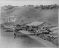 View of Chinese fishing camp against a hillside. Drying grounds, nets cast out to sea, and shanties hugging the shorelin - NARA - 513086