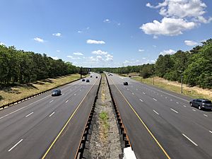 2021-05-27 11 45 01 View south along New Jersey State Route 444 (Garden State Parkway) from the overpass for Ocean County Route 614 (Lacey Road) in Lacey Township, Ocean County, New Jersey