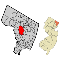Map highlighting Paramus' location within Bergen County. Inset: Bergen County's location within New Jersey.