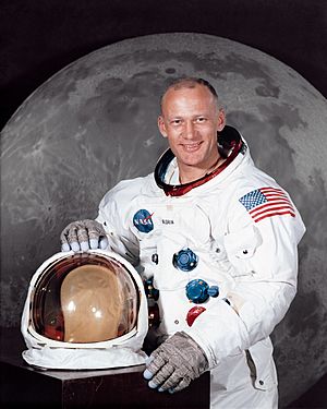 Aldrin posing in his spacesuit