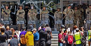 CA Guard and protestors, June 2025 (flatter cropped)
