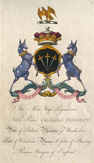 Coat of arms of The Most High, Puissant, and Noble Prince Charles Powlett, Duke of Bolton, Marquis of Winchester, Earl of Wiltshire, Baron St. John of Basing, Premier Marquis of England, by Sir William Segar and Joseph Edmondson, 1764