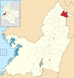 Location of the municipality and town of Cartago, Colombia in the Valle del Cauca Department of Colombia.