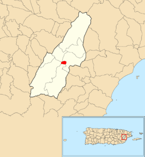 Location of Las Piedras barrio-pueblo within the municipality of Las Piedras shown in red