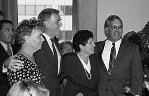 Mayor Thomas M. and Angela Menino with Mayor Raymond and Kathy Flynn at swearing in ceremony as Acting Mayor in July of 1993 (15674913102) (1)