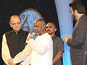 Music Maestro Ilayaraja speaking after receiving the centenary award at the inauguration of the 46th International Film Festival of India (IFFI-2015), in Panaji, Goa. The Union Minister for Finance