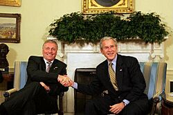 Prime minister of Czech Topolanek and President Bush (cropped)
