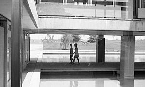 Reflecting pool and women walking at World Health Organization, Geneva, 1969