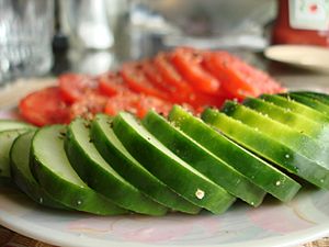 Sliced cucumbers and tomatoes