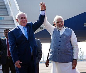 The Prime Minister, Shri Narendra Modi welcomes the Prime Minister of Israel, Mr. Benjamin Netanyahu, on his arrival, at Air Force Station, Palam, in New Delhi on January 14, 2018 (4)
