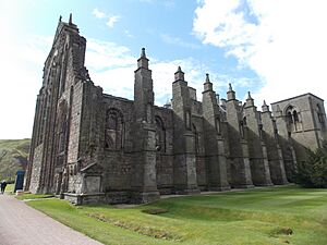 The ruins of Holyrood Abbey. Seen from the North on the grounds of Holyrood Palace.