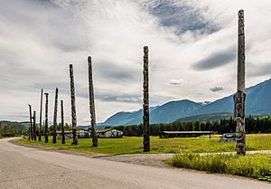Totem poles with homes in the background