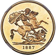 Gold coin showing a naked man, intended to be a knight, battling a dragon
