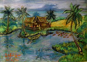 A calm and tranquil village scenery. April 4, 1993. By Tuanku Ja'afar. The painting housed in the Tuanku Ja'afar Royal Gallery, Seremban