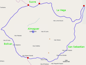 Administrative context for Almaguer Municipality, Cauca, Colombia