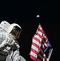 Astronaut Harrison 'Jack' Schmitt, American Flag, and Earth (Apollo 17 EVA-1)