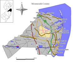 Map of Colts Neck Township in Monmouth County. Inset: Location of Monmouth County highlighted in the State of New Jersey.