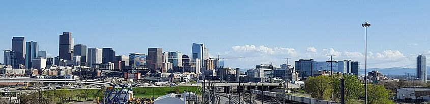Denver skyline from 41st & Fox station bridge, May 2019