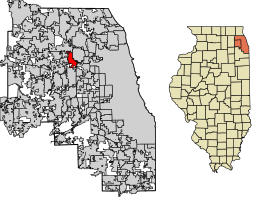 Location of Bensenville in DuPage County and Cook County, Illinois.