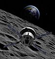 Illustration of Orion over lunar surface with Earthrise (32125696615) (cropped)