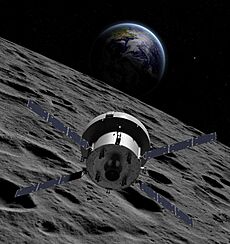 Illustration of Orion over lunar surface with Earthrise (32125696615) (cropped)