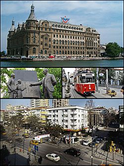 Images from Kadıköy, Top: Haydarpaşa Terminal, Middle left: Atatürk monument, Middle right: Nostalgic tramway, Bottom: Bağdat Avenue.