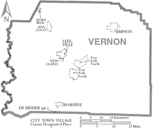 Map of Vernon Parish Louisiana With Municipal Labels