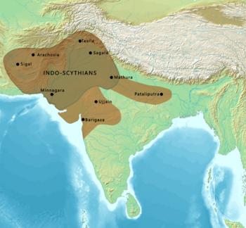 Territories and expansion of the Indo-Scythians at their greatest extent, including territories of the Northern Satraps and Western Satraps.