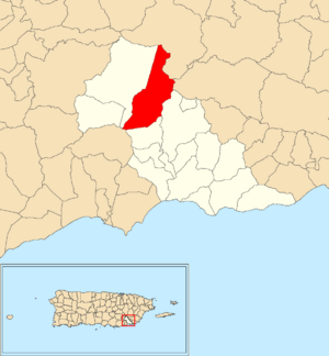 Location of Mulas within the municipality of Patillas shown in red