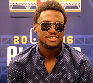 Phillies outfielder Odubel Herrera talks to reporters at 2016 All-Star Game availability. (27898696643)