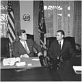 President meets with Secretary of Defense. President Kennedy, Secretary McNamara. White House, Cabinet Room - NARA - 194244