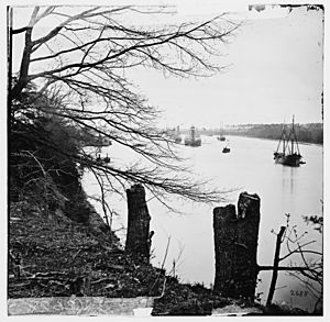 Varina Landing, Virginia (vicinity). View of ships on James River. (Near here Gen. Ord's 18th Army Corps crossed the James) LOC cwpb.02183
