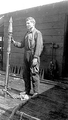 Whaler posed with harpoon, Alaska, ca 1915 (COBB 50)