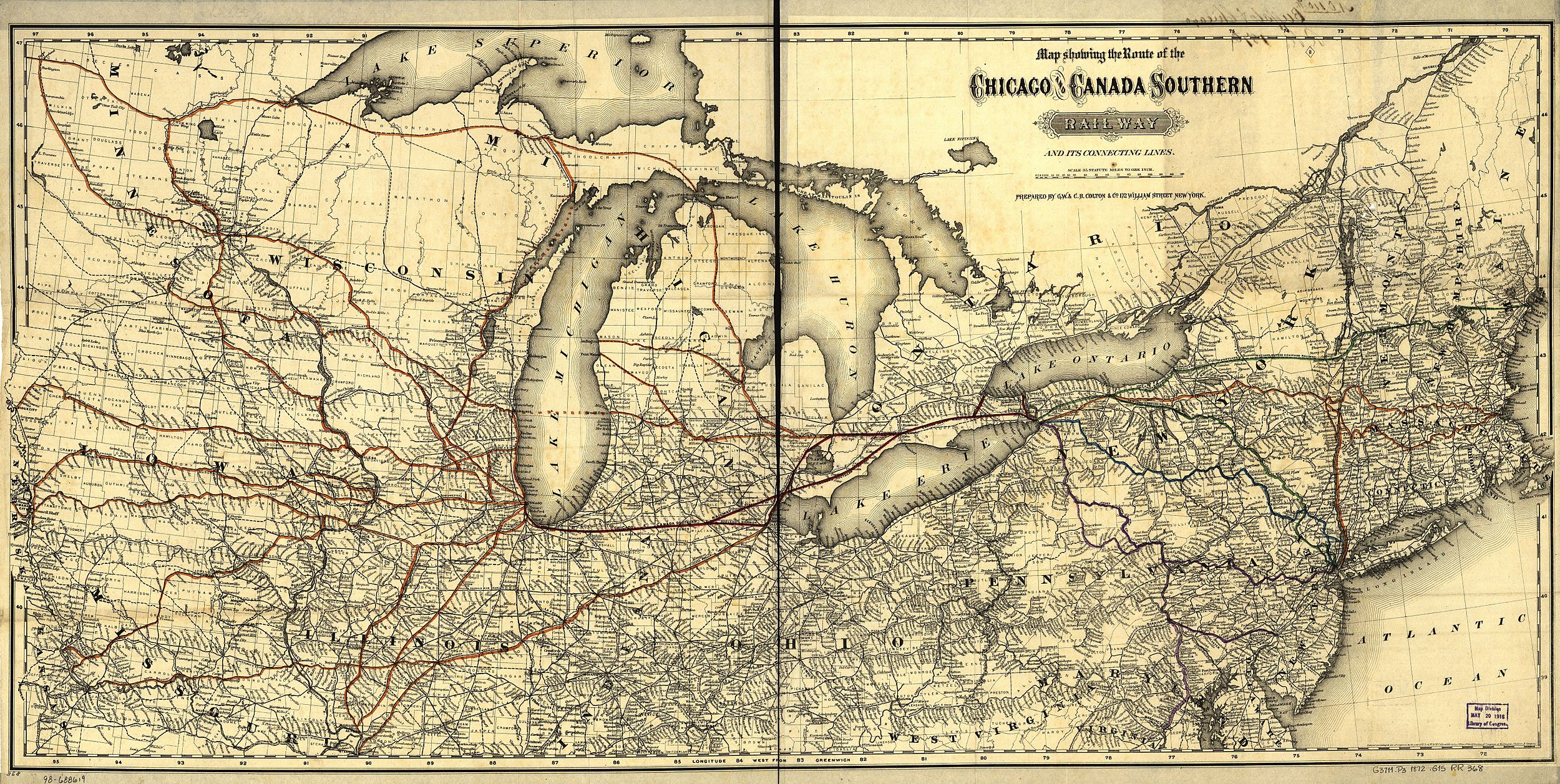 by 1872, the Toledo, Wabash and Western Railway (shown in red) connected Toledo, Fort Wayne, and Lafayette. The original canal, with its slow pace and maintenance issues, struggled to compete with many rail lines in operation in the 1870s.