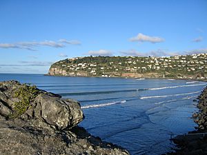 Scarborough seen from Sumner beach; Nicholson Park is the area to the left just below the ridgeline