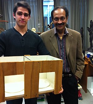 Dr. Vilayanur S. Ramachandran and psychology student Matthew Marradi holding the original Mirror Box