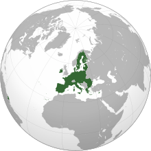 An orthographic projection of the world, highlighting the European Union and its Member States (green).