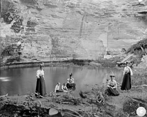 Four women, three boys, Minneopa Falls, Blue Earth County, Minnesota