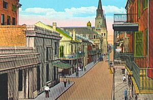French Quarter-Upper Chartres Street looking towards Jackson Square and the spires of St. Louis Cathedral