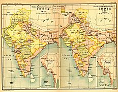 India in 1837 and 1857, showing East India Company-governed territories in pink