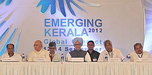Manmohan Singh at the inauguration of the ‘Emerging Kerala-2012–Global Connect’, at Kochi. The Governor of Kerala, Dr. H.R. Bhardwaj, the Defence Minister, Shri A. K. Antony, the Union Minister for Overseas Indian Affairs