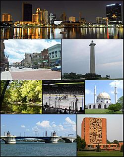 Images, from top left to right: Toledo Skyline, Downtown Bowling Green in 2003, Put-in-Bay, Goll Woods Nature Preserve in Fulton County, Toledo Walleye game, Islamic Center of Greater Toledo in Perrysburg Township, MLK Bridge in Toledo, and the Jerome Library in Bowling Green.