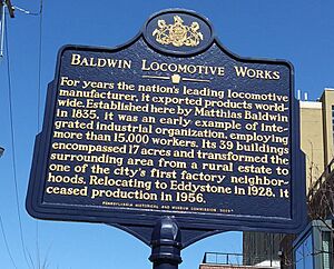 Pennsylvania State Historical Marker for the Baldwin Locomotive Works, placed at northwest corner of Matthias Baldwin Park